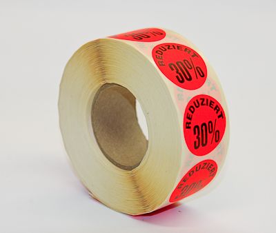Klebeetiketten 32mm rund, bedruckt "reduziert 30%" 1000 Stk.