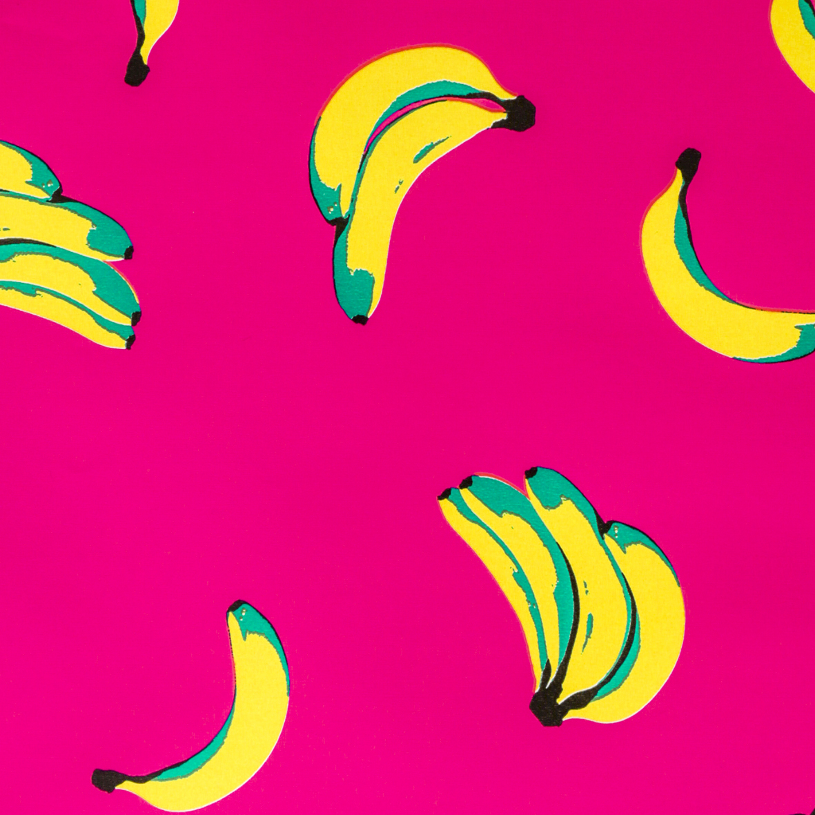 Geschenkpapier Gelbe Bananen auf pinkem Hintergrund 50 cm x 50 m für Großhändler, fröhliches Kinder-Motiv