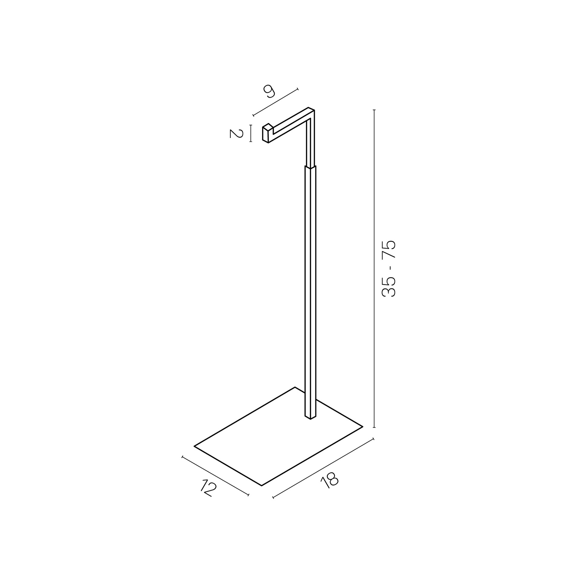 Technische Zeichnung Taschenständer Metall, schwarz matt, Maße und Höhenverstellbarkeit 45–75 cm