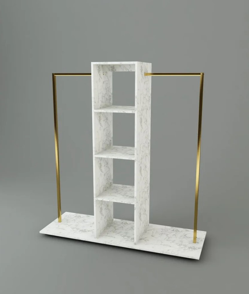 Doppelständer 170 cm mit Messingstangen und Regal, Vorderansicht, elegant und funktional