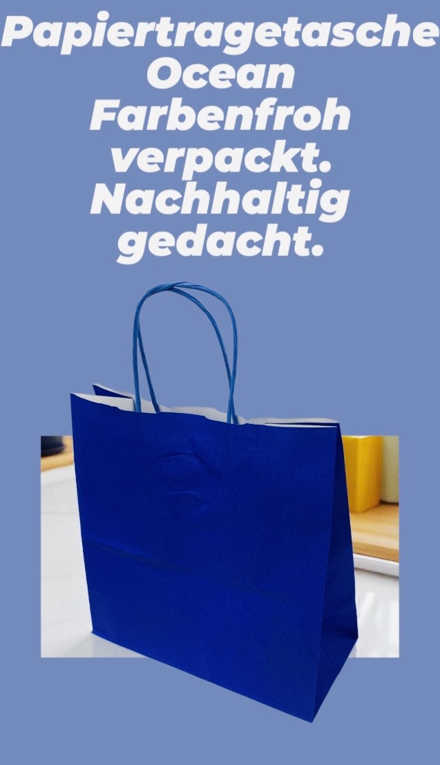 Blaue Papiertragetasche aus Kraftpapier mit gedrehter Papierkordel