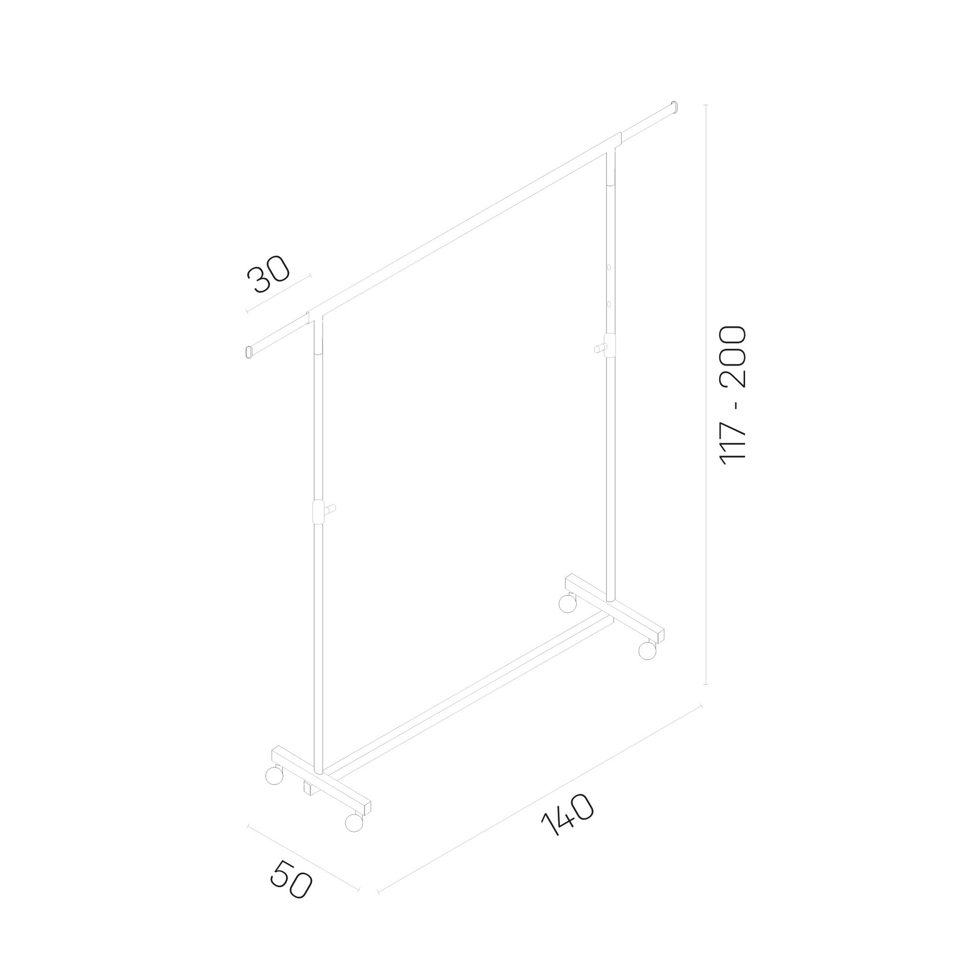 Technische Zeichnung des schwarzen Rollständers mit Maßangaben: Höhe 117–200 cm, Länge 140–200 cm