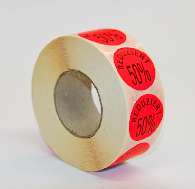 Klebeetiketten 32mm rund, bedruckt "reduziert 50%" 1000 Stk.