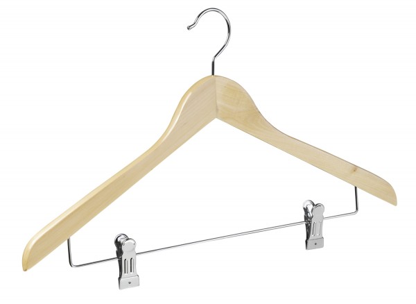 Holzkleiderbügel natur lackiert mit Klammersteg (VE 14 Stück) Holzkleiderbügel natur lackiert mit Klammersteg (VE 14 Stück)