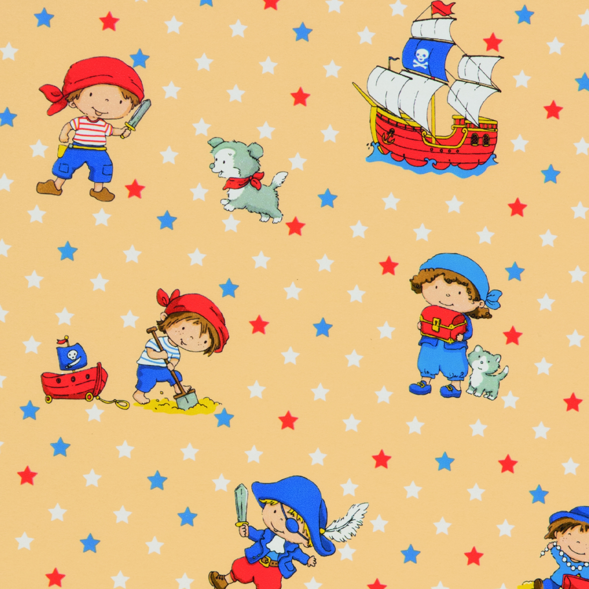 Vorderansicht Kinder Geschenkpapier Pirat 50 cm x 50 m, niedliches Pirat-Motiv für Großhändler