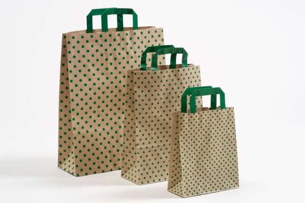 Alle drei Größen Papiertragetaschen Gras DOTS nebeneinander, 25 Stück pro Größe