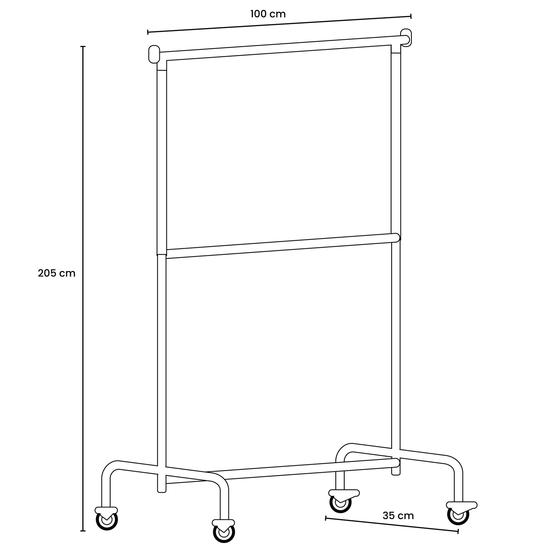 Skizze eines Rollständers aus verchromtem Stahlrohr mit fester Zwischenstange, 100 cm Breite und 205 cm Höhe