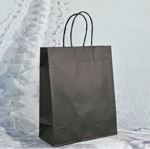 Schwarze Papiertragetaschen mit Umschlag und Papierkordel, alle vier Größen: Klein, Mittel, Groß, Extra Groß, 25 Stück pro Packung