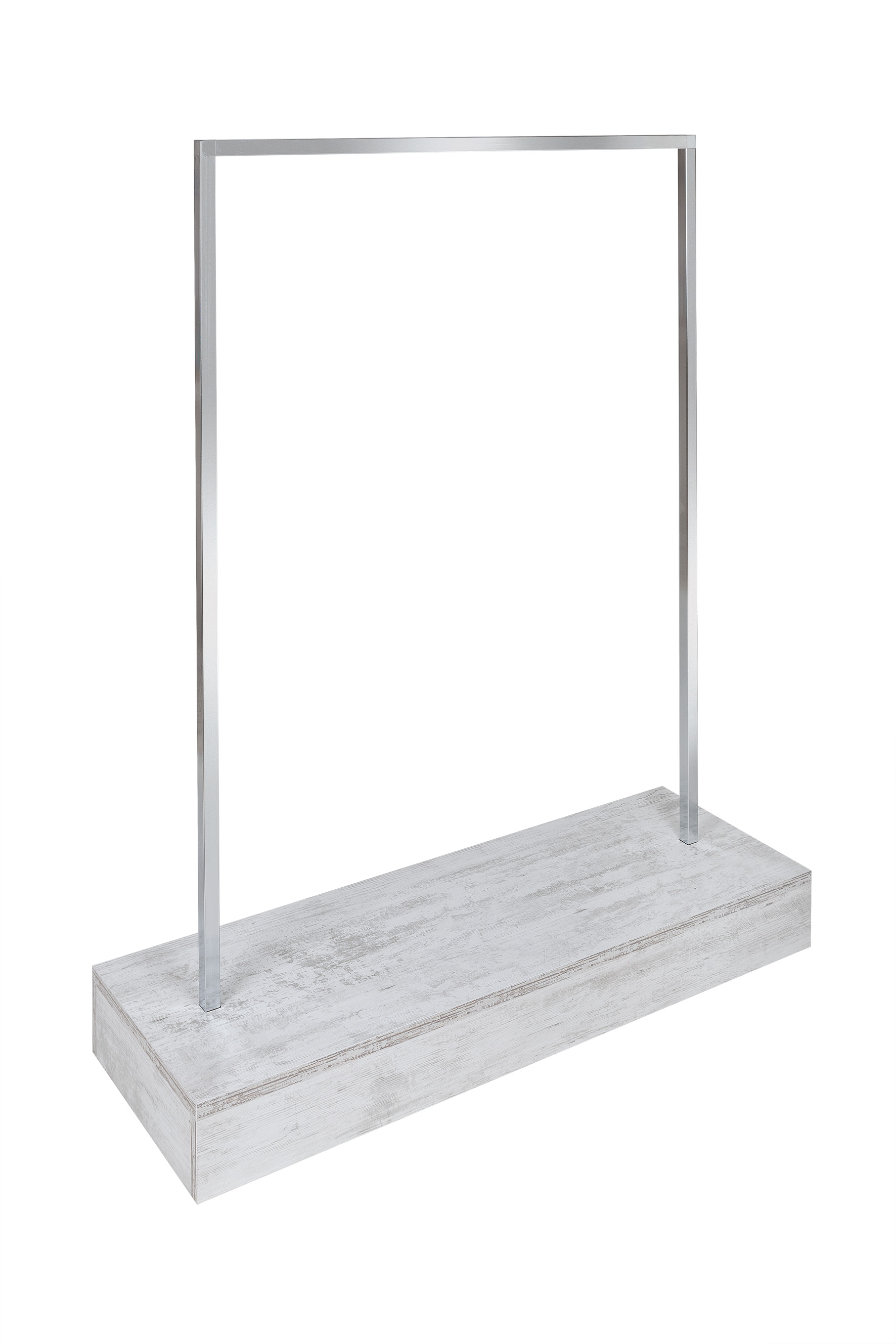 Abhängeständer aus verchromtem Vierkantrohr 119×40 cm mit Holz-Korpus im Vintage-Dekor Old White, ideal für Shops oder private Garderoben.