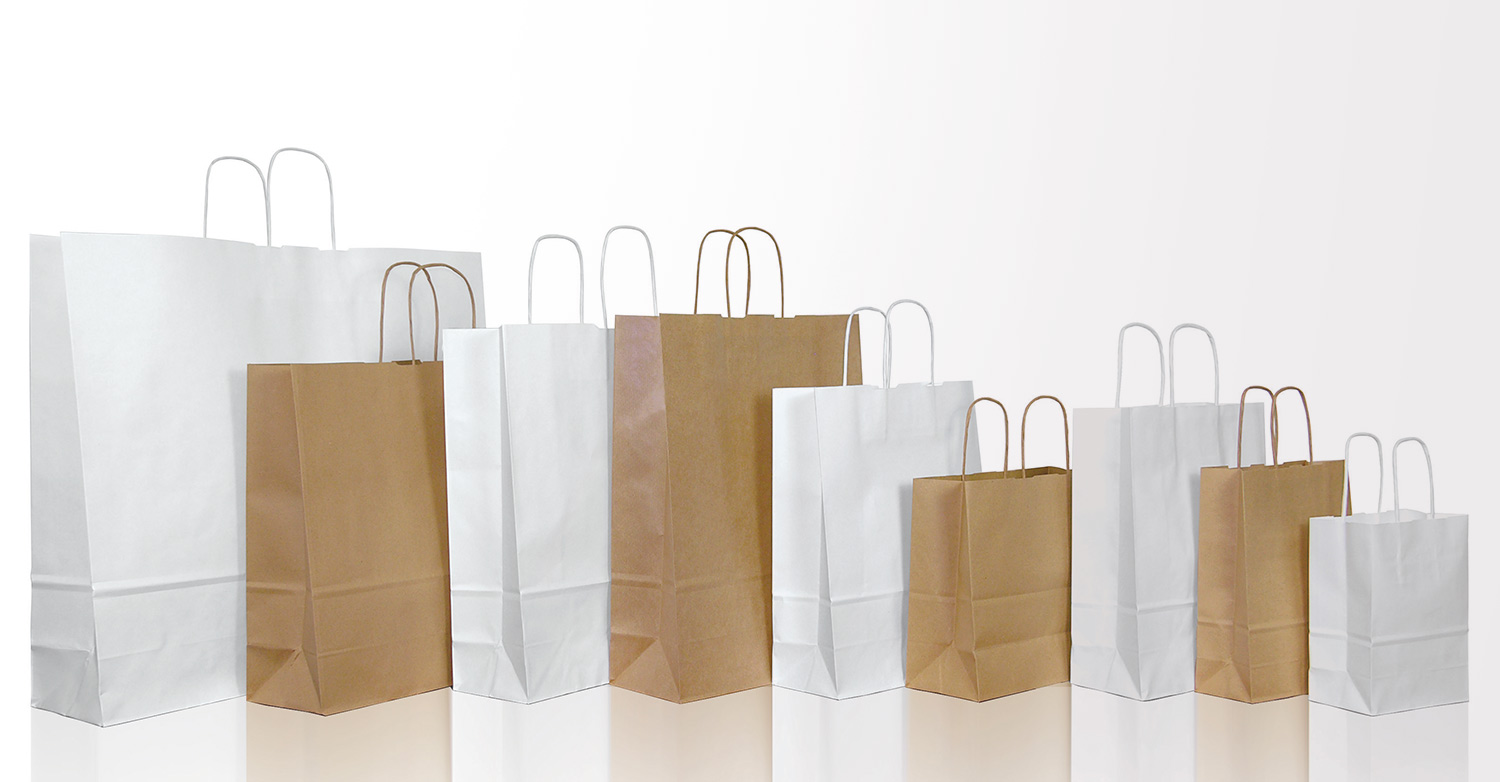 Detailansicht einer weißen Papiertragetasche aus Kraftpapier mit gedrehter Papierkordel.